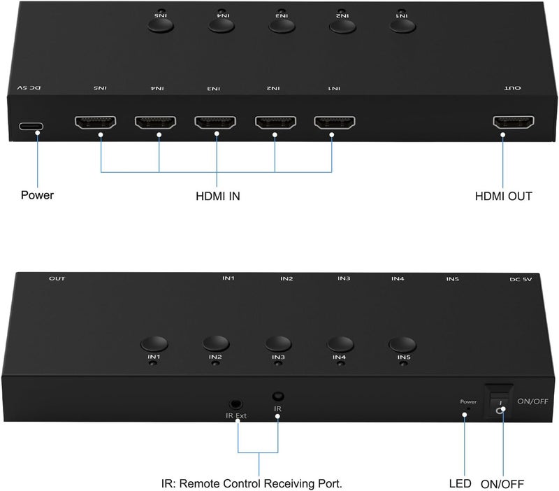 Ruipoo 5Port HDMI Switcher 4K@60Hz 5In 1Out HDMI Selector with IR Remote Supports Full HD 4K/1080P/3D & HDCP2.2 for Switch,Xbox,PS4/PS5,Fire Stick,Roku,Apple TV etc. - Image 2